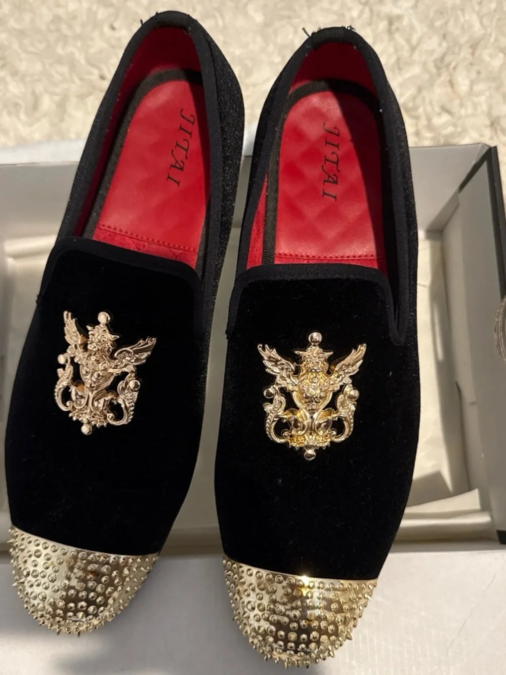 Black Velvet Moccasins with Gold Crest and Studded Toe